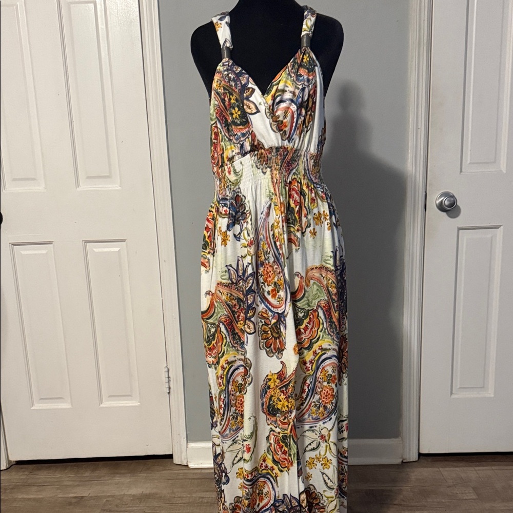 White Paisley Maxi Dress with Multicolor Print